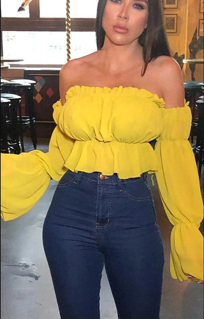 Blusa Sexy Hombros Descubiertos con Volantes y Color Liso - Image 9
