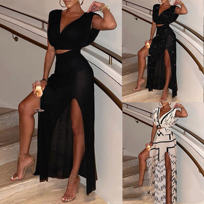 Traje de Falda Negra con Escote V y Detalles de Abertura - Estilo Europeo