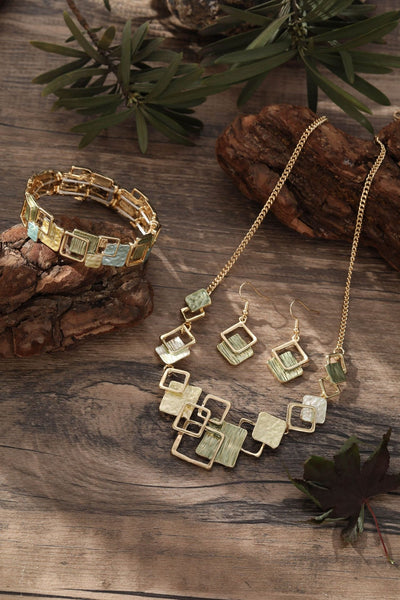 Conjunto de Aretes, Pulsera y Collar con Cuadrados Geométricos Pintados en Óleo - Image 18