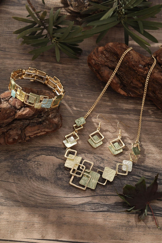 Conjunto de Aretes, Pulsera y Collar con Cuadrados Geométricos Pintados en Óleo - Image 18