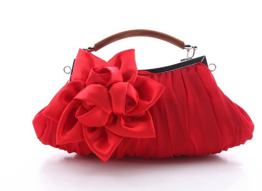 Bolso de Noche Satinado con Flor - Clutch Elegante para Mujer