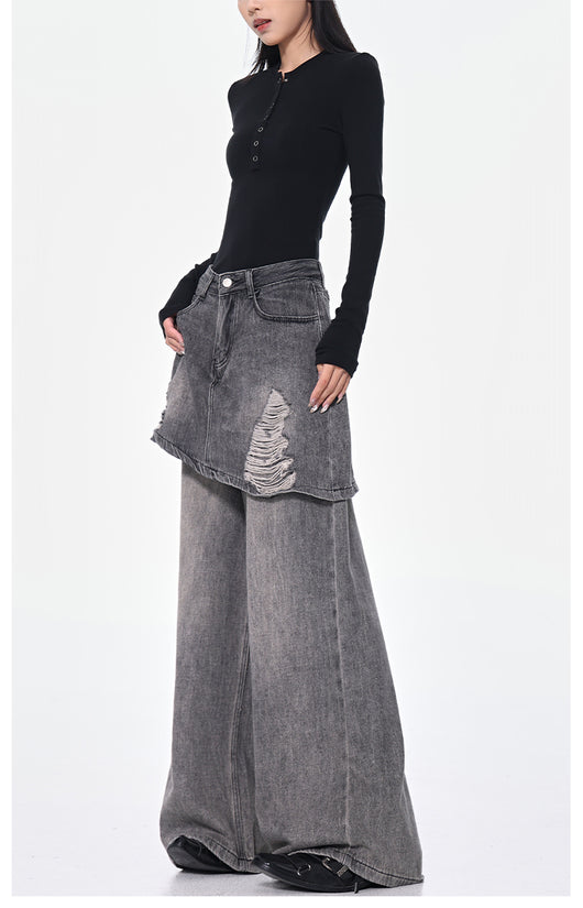 Pantalones Rectos Azul Vintage Efecto Desgastado Doble Tela para Mujer - Image 21