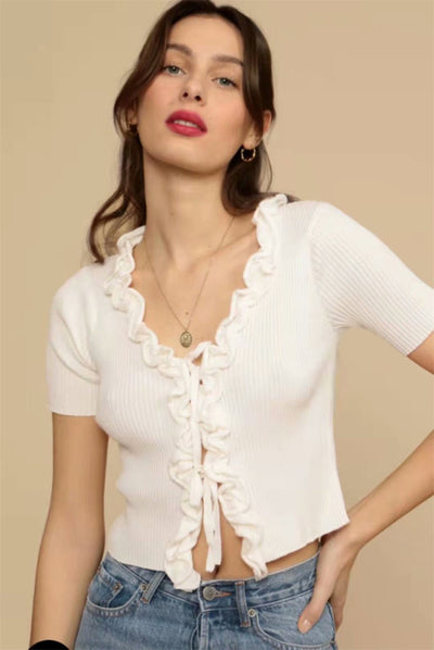 Cardigan de Encaje Talle Alto Ajustado Manga Corta para Mujer - Image 9