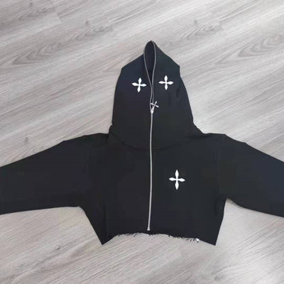 Chaqueta Hoodie Cropped Suelta con Cierre y Manga Larga - Image 4