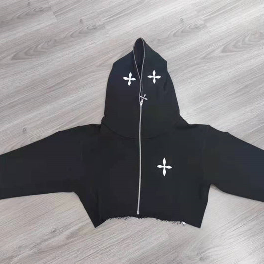 Chaqueta Hoodie Cropped Suelta con Cierre y Manga Larga - Image 4