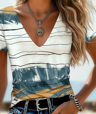 Blusa Casual a Rayas con Cuello en V y Manga Corta - Image 8