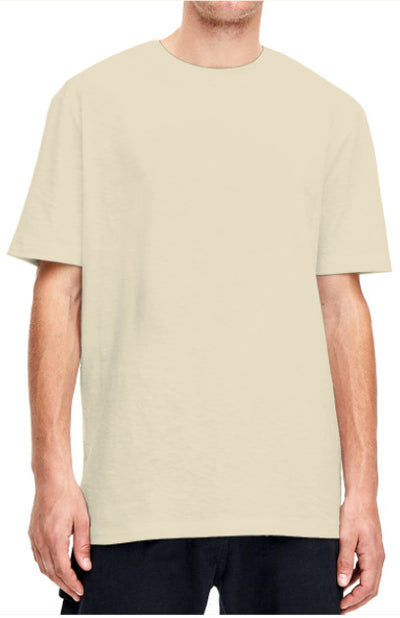 Plain light beige short-sleeved crew neck t-shirt made of cotton, shown on a model. - Image 27