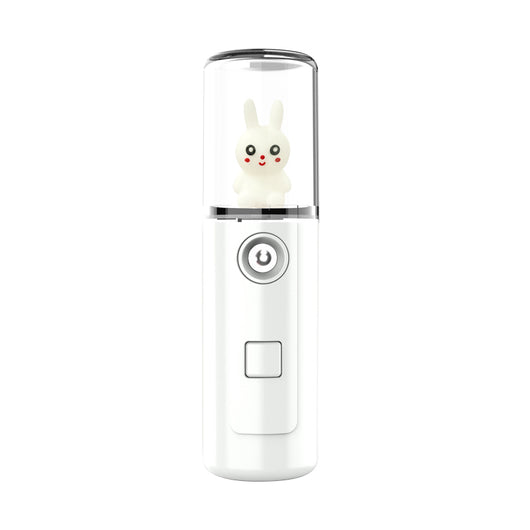 Green portable facial mister with a clear top and a white cartoon rabbit figure inside, featuring a power button. - Image 10