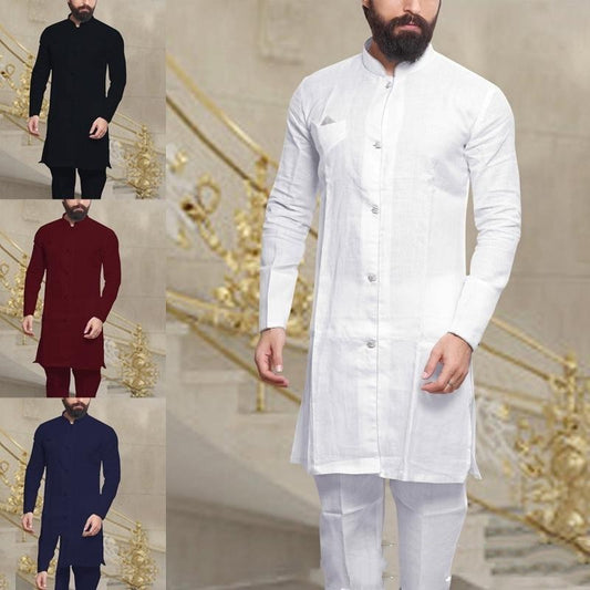 Camisa Larga de Lino para Hombre Estilo Medio Oriente con Botones
