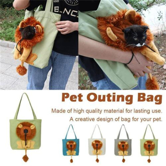 Grey soft pet carrier with a lion design, featuring a plush mane, ears, paws, and tail, and a drawstring opening.
