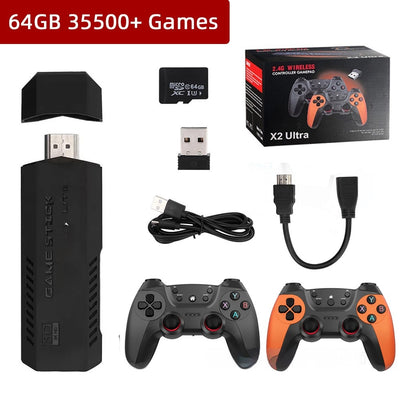 X2 Ultra Home TV Game Console kit with black game stick, two wireless controllers, 64GB MicroSD, and cables. - Image 11