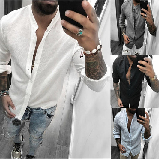 Camisa Casual de Algodón y Lino Transpirable para Hombre