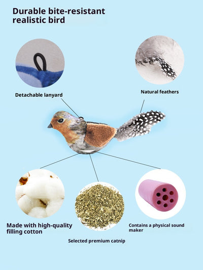 Plush bird cat toy with orange chest, brown body, and real speckled feathers, includes a yellow hanging rope. - Image 11