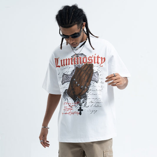 Camiseta Suelta Estampado Cruz Vintage Manga Corta para Hombre - Image 2