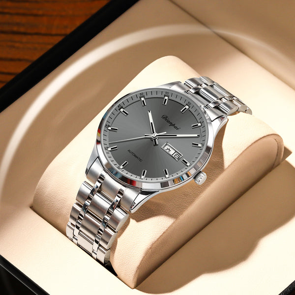 Reloj Mecánico Automático de Acero Inoxidable con Correa de Metal, Resistente al Agua e Iluminación Nocturna