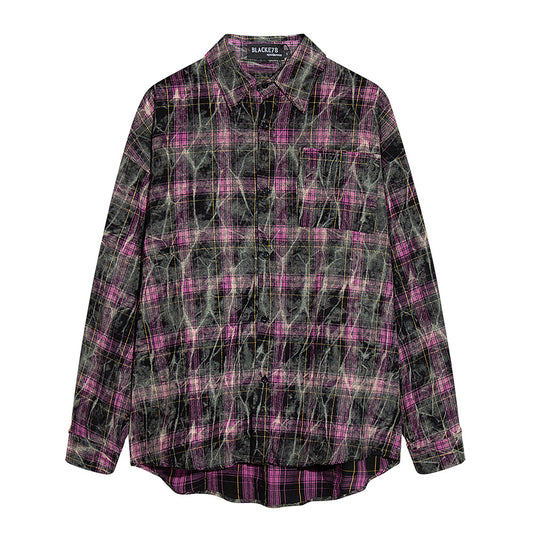 Camisa de Cuadros Tie-Dye Desgastada de Manga Larga para Hombre