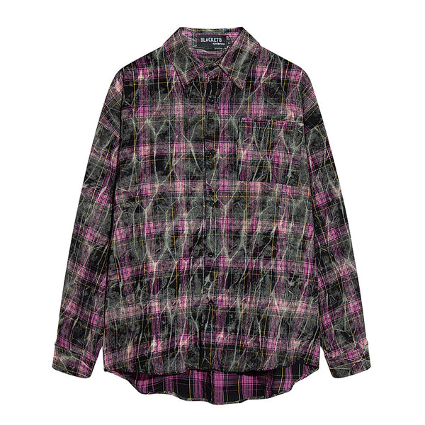 Camisa de Cuadros Tie-Dye Desgastada de Manga Larga para Hombre