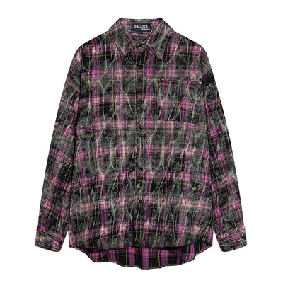 Camisa de Cuadros Tie-Dye Desgastada de Manga Larga para Hombre