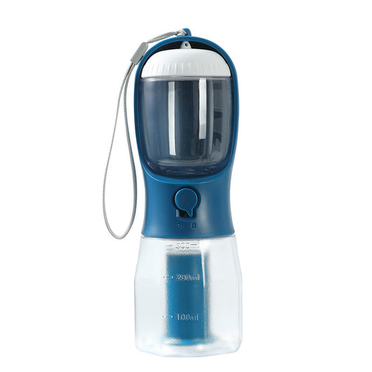 Purple 3-in-1 portable pet water bottle with food compartment, waste bag dispenser, and lanyard. - Image 10