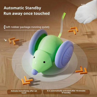 White and grey electric mouse cat toy with large wheels, a glowing blue tail, and a USB charging cable. - Image 3
