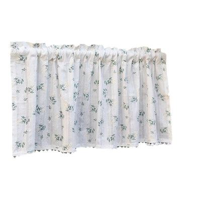 White semi-sheer curtain with green and grey floral pattern and cream tassel trim, hanging in a window. - Image 5