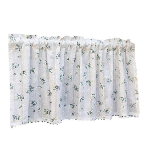 White semi-sheer curtain with green and grey floral pattern and cream tassel trim, hanging in a window. - Image 5