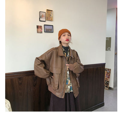 Chaqueta de Cuero Retro Estilo Hong Kong Suelta para Mujer - Image 19