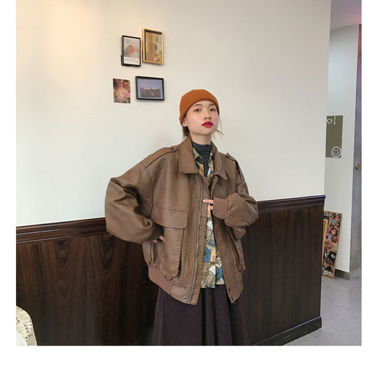 Chaqueta de Cuero Retro Estilo Hong Kong Suelta para Mujer - Image 19