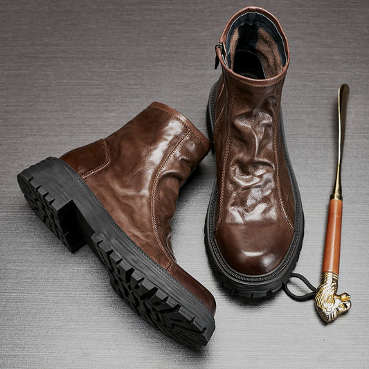 Botas Worker de Cuero Genuino con Plataforma para Hombre - Otoño e Invierno