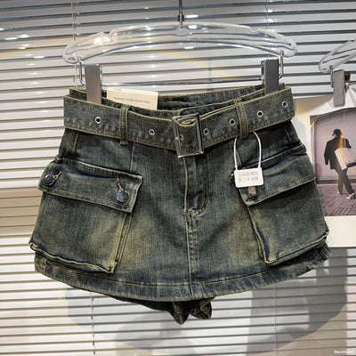 Shorts Denim Retro para Mujer con Bolsillos Grandes y Cinturón - Image 13