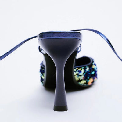 Mulas Tacón Alto con Lentejuelas Negras y Azules - Image 10