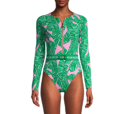 Green and pink tropical leaf print maxi skirt with tiered ruffles and an elastic waistband. - Image 19