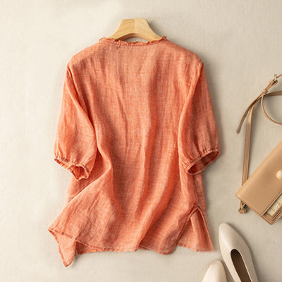 Blusa de Algodón y Lino Bordada con Cuello en V y Manga Corta - Image 4