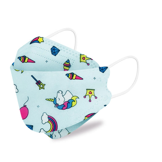 White children's KN95 mask with a cute cartoon pattern of blue bunnies, pink bears, trees, and flowers. - Image 14
