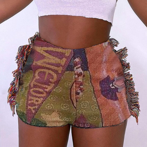 Shorts Casual Étnico Tweed con Bolsa de Borlas Estampada
