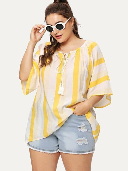 Blusa Rayada Suelta con Manga Corta y Detalle de Flecos - Image 2