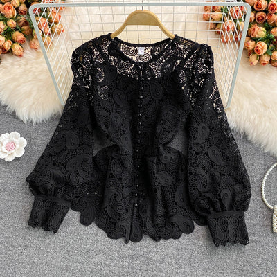 Blusa Retro Cuello Redondo con Encaje Calado