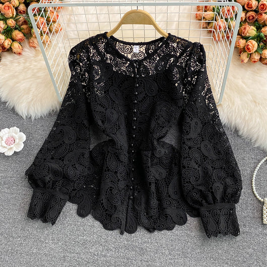 Blusa Retro Cuello Redondo con Encaje Calado