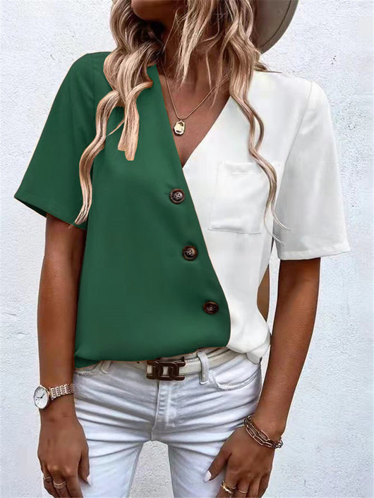 Blusa Elegante de Chifón con Contraste y Manga Corta para Mujer - Image 22