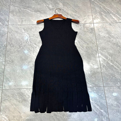 Vestido Tejido Patchwork con Dobladillo de Borlas - Diseño Slim Hueco