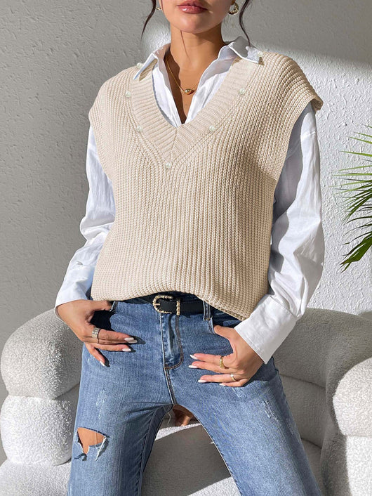 Chaleco Tejido con Perlas en Escote V - Elegancia Minimalista - Image 15