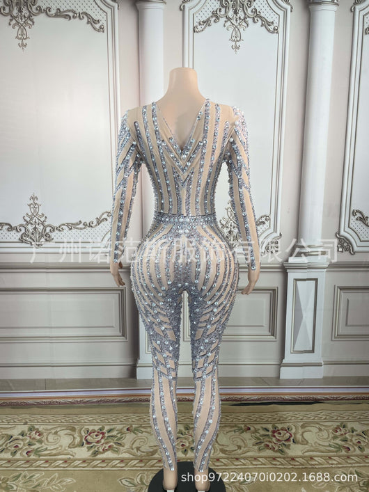 Jumpsuit Transparente con Strass y Malla Ajustado - Image 4