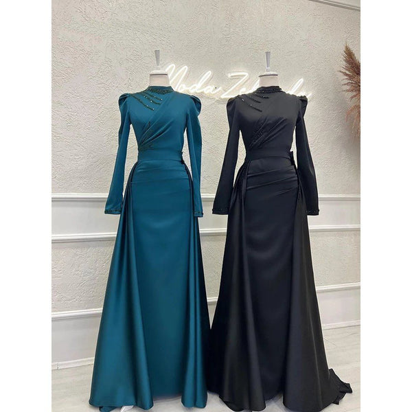 Vestido Islámico Elegante de Manga Larga con Cuello Mao Desmontable