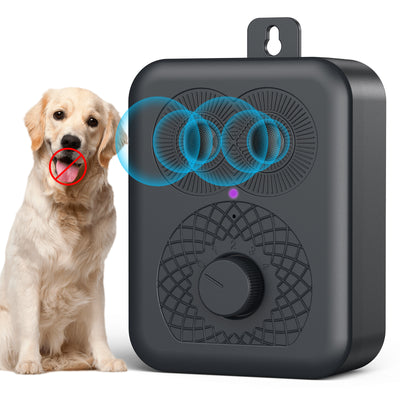 Black rechargeable anti-dog barking device with two speaker grilles, a white indicator light, and a numbered rotary dial. - Image 10