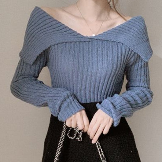 Blusa de Punto Elegante Escote V Hombros Descubiertos Ajustada - Image 3