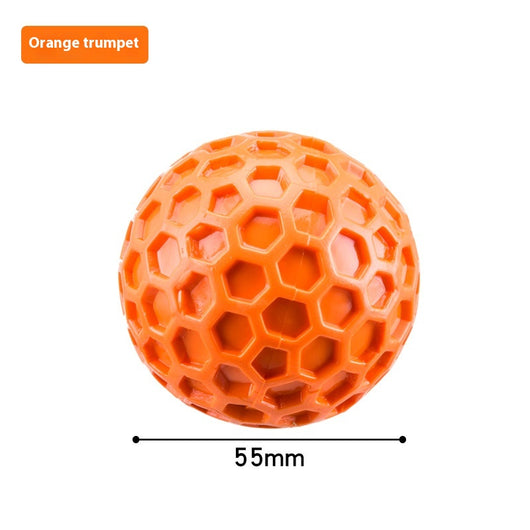Red 65mm dog toy ball with a textured honeycomb surface, designed for vocalization, bite-resistance, and molar relief. - Image 6