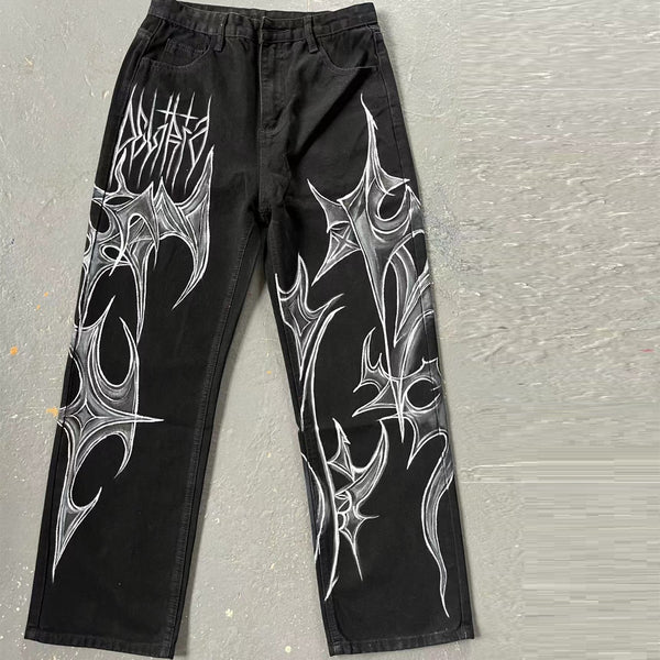 Jeans Negros Estilo Graffiti Urbano Antidesvanecimiento para Hombre y Mujer