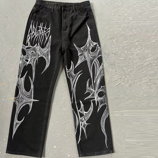 Jeans Negros Estilo Graffiti Urbano Antidesvanecimiento para Hombre y Mujer
