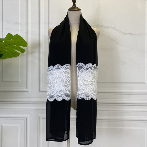 Pañuelo Bandana para Mujer con Encaje Blanco y Paneles Negros