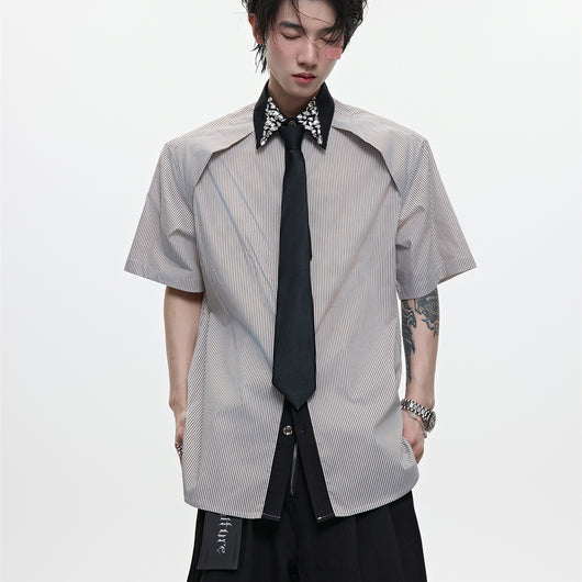 Camisa Casual Hombre Patchwork Diamante Rayas Bicolor